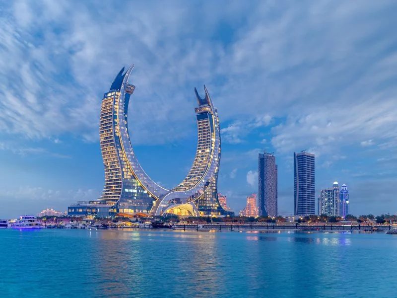 The Katara Towers in Lusail at dusk