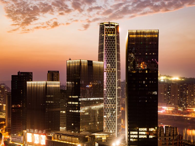 Financial district towers at sunset
